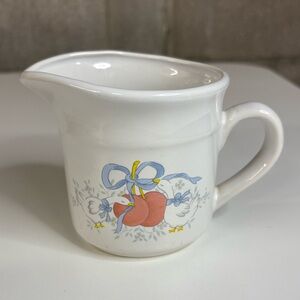 White Ceramic Creamer with Peach and Blue Ribbon Motif Goose Geese Cottagecore